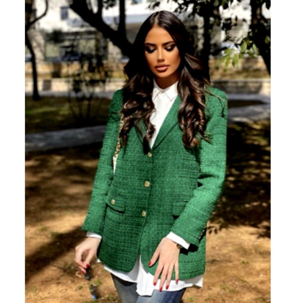 ZARA NEW WOMAN TEXTURED WEAVE TAILORED BLAZER JACKET GREEN 2761/062 Size S